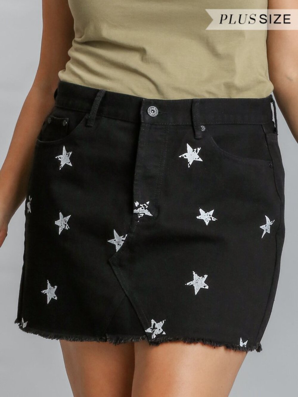 Black Denim Skirt with Frayed Hem and White Stars